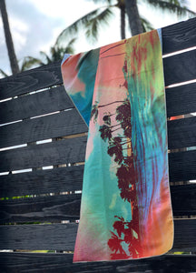 TROPICS surfer towel hanging on a fence by Matthew Allen - Double sided, quick drying and made from eco friendly material! 