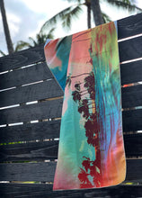 TROPICS surfer towel hanging on a fence by Matthew Allen - Double sided, quick drying and made from eco friendly material! 