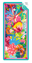 Illustration of Suzanne Jennerich x Surfer Towel collaboration print.  Bright, tropical, flowers, pineapple, hearts, bird of paradise, tropical fruits on a turquoise background